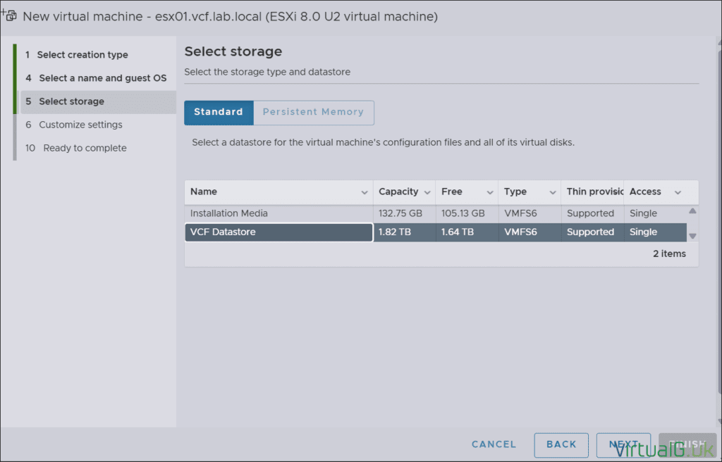 Vcf 9 Lab Deployment Virtualguk 002 Virtualguk Select a Datastore for the Embedded Esxi Vm for Vcf 9